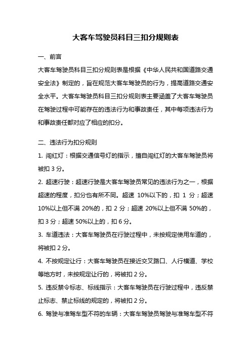 大客车驾驶员科目三扣分规则表