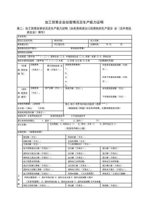 加工贸易企业经营情况及生产能力证明样表