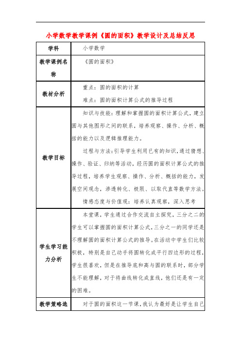 小学数学教学课例《圆的面积》教学设计及总结反思