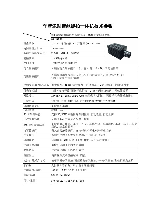 车牌识别智能抓拍一体机技术参数