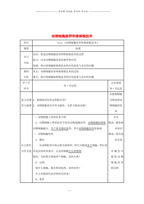 高中生物专题细胞工程..1动物细胞培养和核移植技术学案无答案新人教版选修7