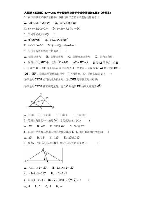人教版(五四制)2019-2020八年级数学上册期中综合基础训练题B(含答案)