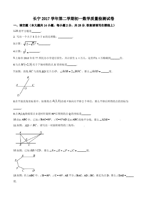 上海市长宁区2017-2018学年七年级下学期期末数学试题(原卷版)