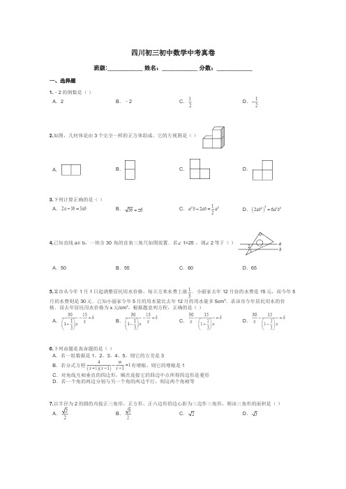 四川初三初中数学中考真卷带答案解析
