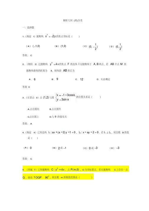 2015北京各区期末考试解析几何分类汇编理