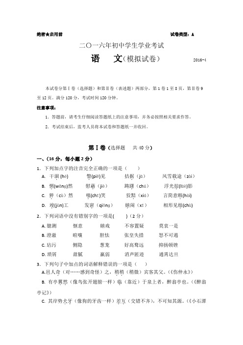 山东省新泰市实验中学2015-2016学年中考语文模拟试题(有答案)