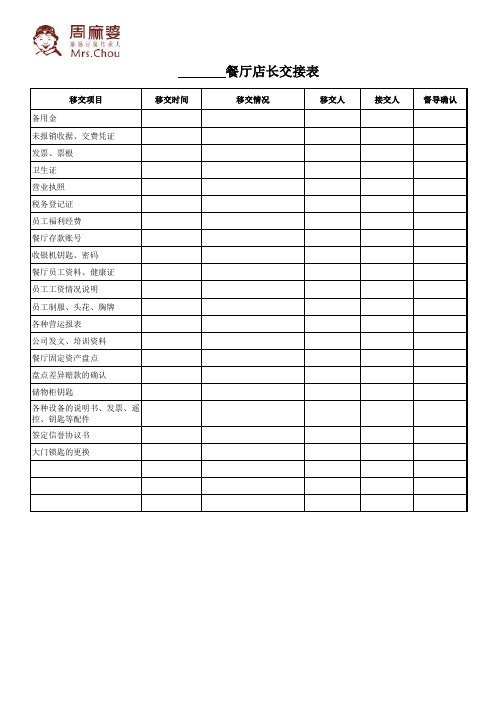餐厅店长交接表