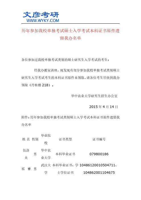 历年参加我校单独考试硕士入学考试本科证书原件遗留我办名单_华中农业大学考研