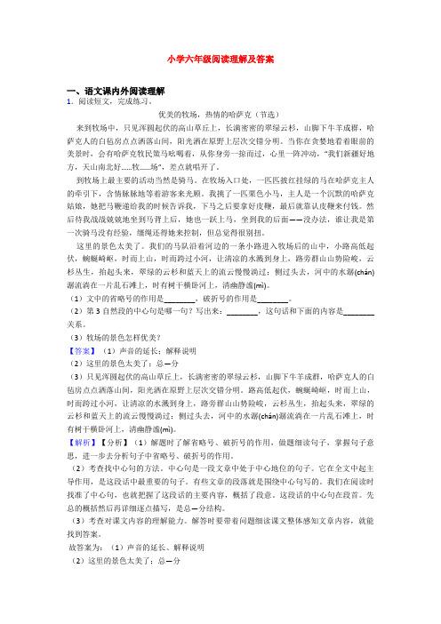 小学六年级阅读理解及答案