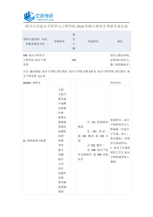 四川大学高分子科学与工程学院2016年硕士研究生考研专业目录_四川大学考研网