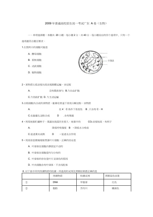 09年全国高考生物试题14套word版rar2009年广东a卷