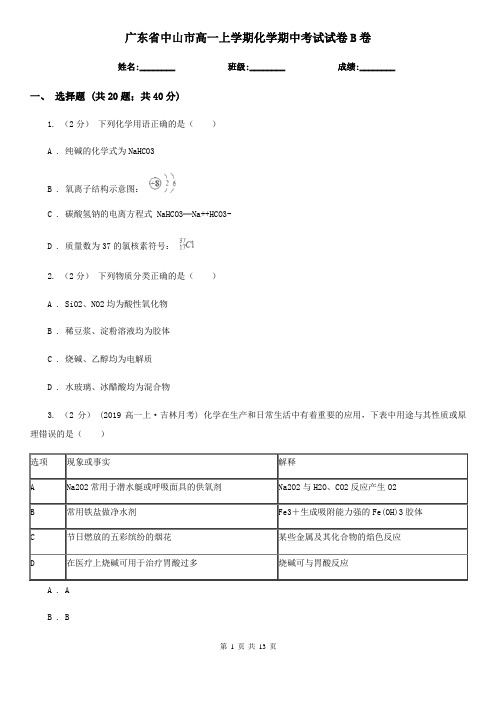 广东省中山市高一上学期化学期中考试试卷B卷