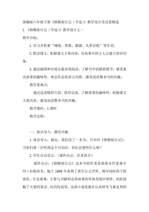 部编版六年级下册《骑鹅旅行记(节选)》教学设计及反思精选