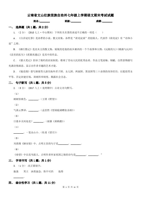 云南省文山壮族苗族自治州七年级上学期语文期末考试试题