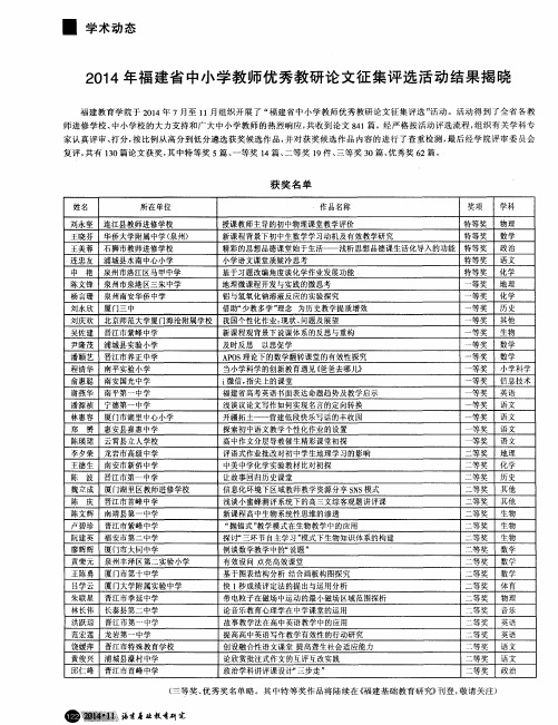 2014年福建省中小学教师优秀教研论文征集评选活动结果揭晓