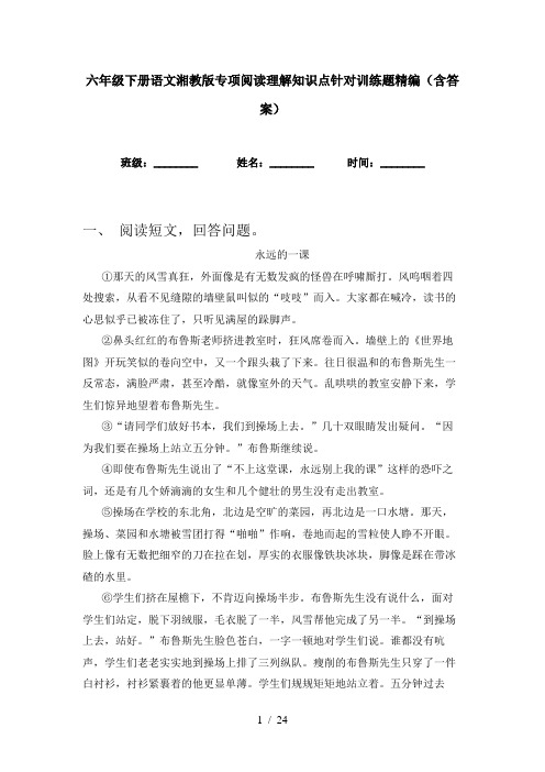 六年级下册语文湘教版专项阅读理解知识点针对训练题精编(含答案)