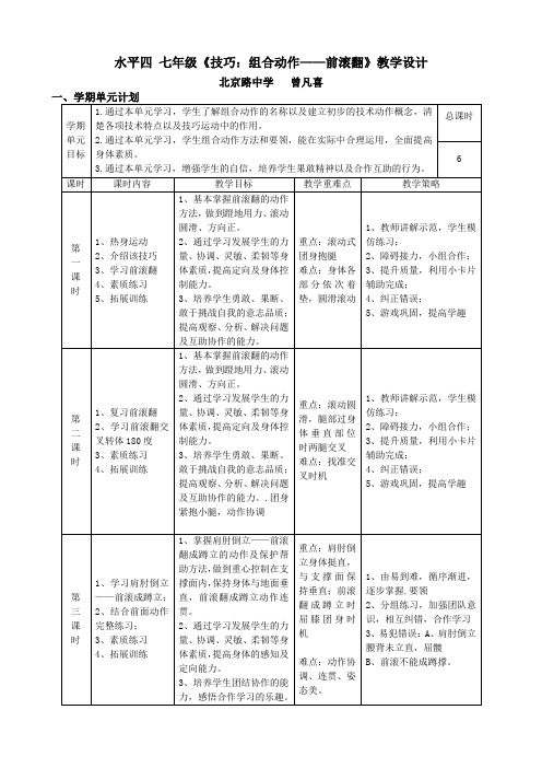 水平四 七年级《技巧：组合动作——前滚翻》教学设计