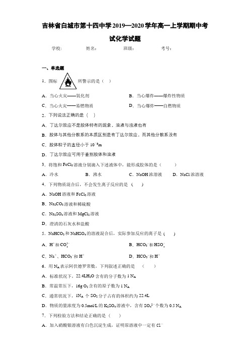 吉林省白城市第十四中学2019—2020学年高一上学期期中考试化学试题