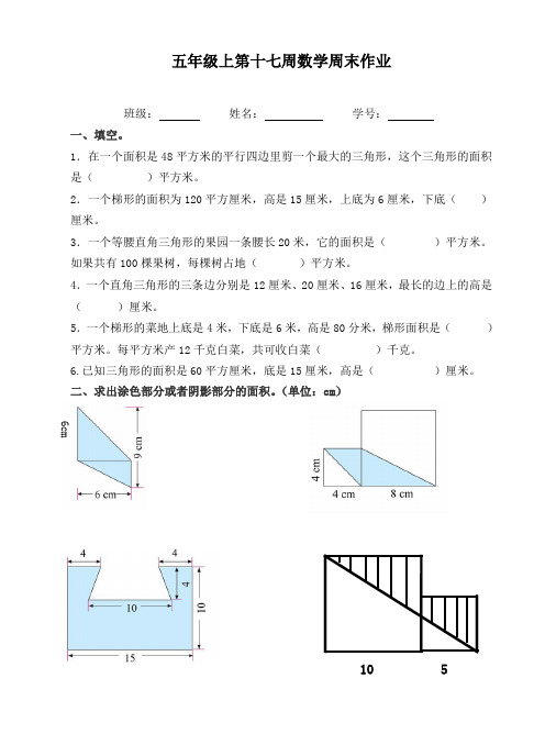 五年级上册数学试题：第17周周末作业(无答案,人教版)