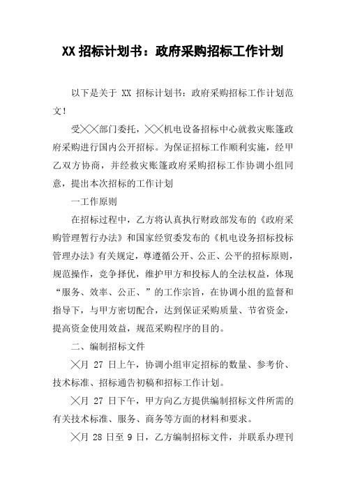 XX招标计划书：政府采购招标工作计划