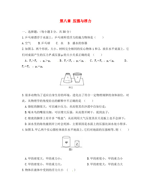 辽宁省灯塔市第二初级中学八年级物理下册 第八章 压强与浮力复习试题(无答案)(新版)北师大版