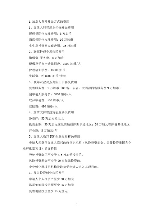 加拿大各种移民方式的费用(最新)