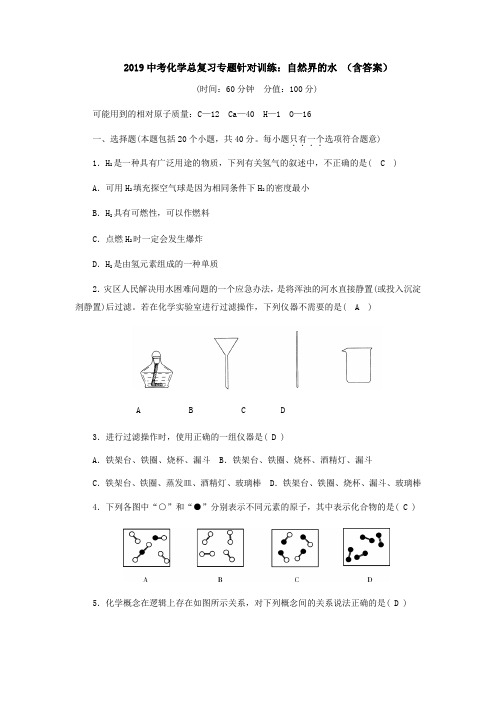 2019中考化学总复习专题针对训练：自然界的水 (含答案)