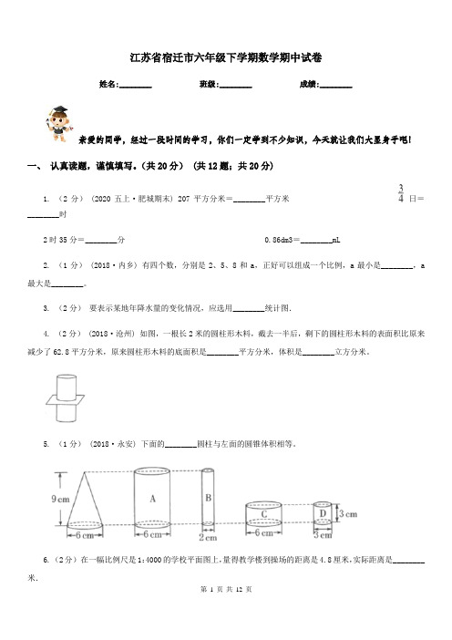 江苏省宿迁市六年级下学期数学期中试卷
