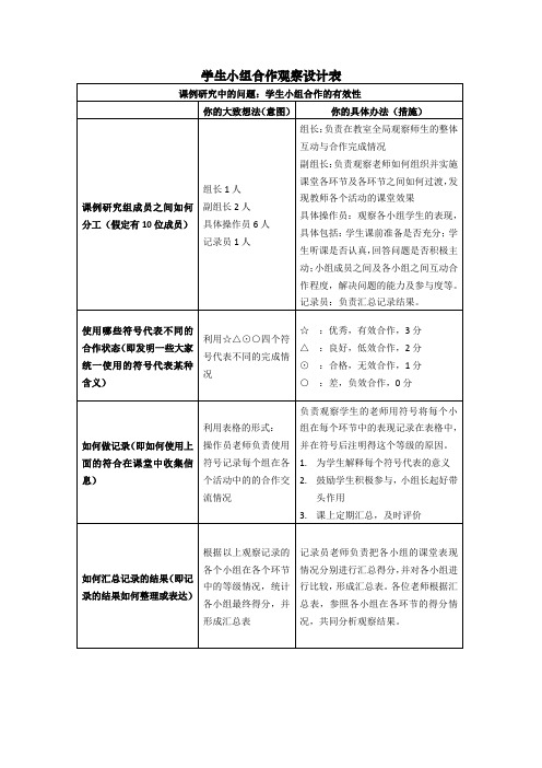 学生小组合作观察设计表