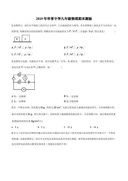 上海市华育中学2019-2020学年九年级(上)期末测验物理试题