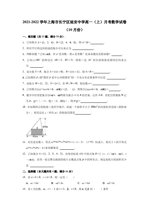 2021-2022学年上海市长宁区延安中学高一(上)月考数学试卷(10月份)(解析版)