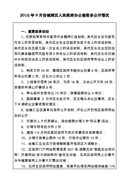 2016年9月份城厢区人民政府办公室政务公开情况