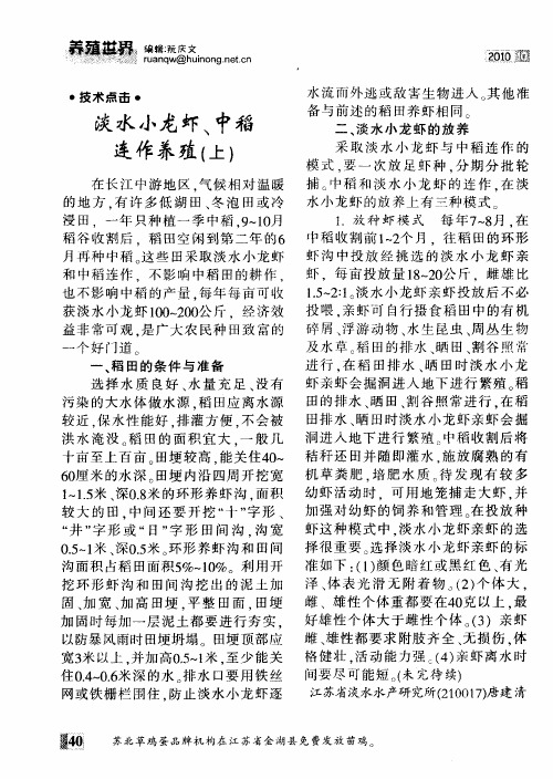淡水小龙虾、中稻连作养殖(上)