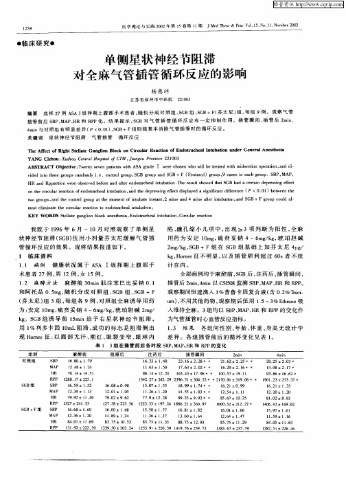 单侧星状神经节阻滞对全麻气管插管循环反应的影响