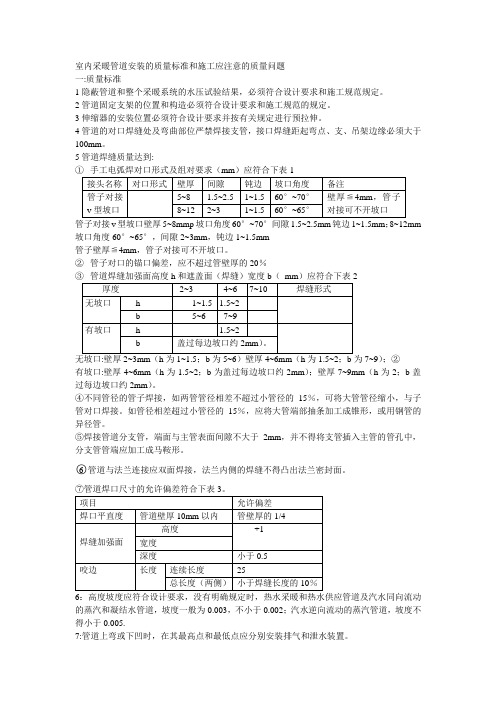 室内采暖管道安装的质量标准和施工应注意的质量问题