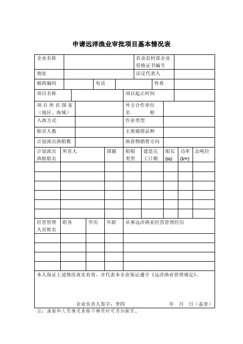 申请远洋渔业审批项目基本情况表