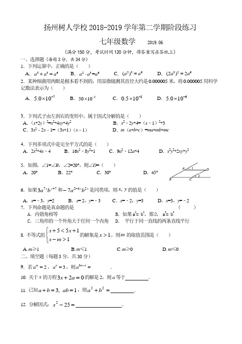 扬州树人学校2019年七年级数学5月月考试卷