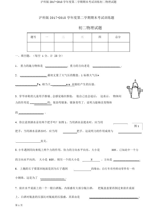 沪科版2017-2018学年度第二学期期末考试训练初二物理试题