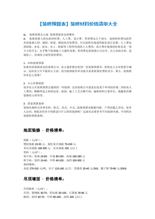【装修预算表】装修材料价格清单大全