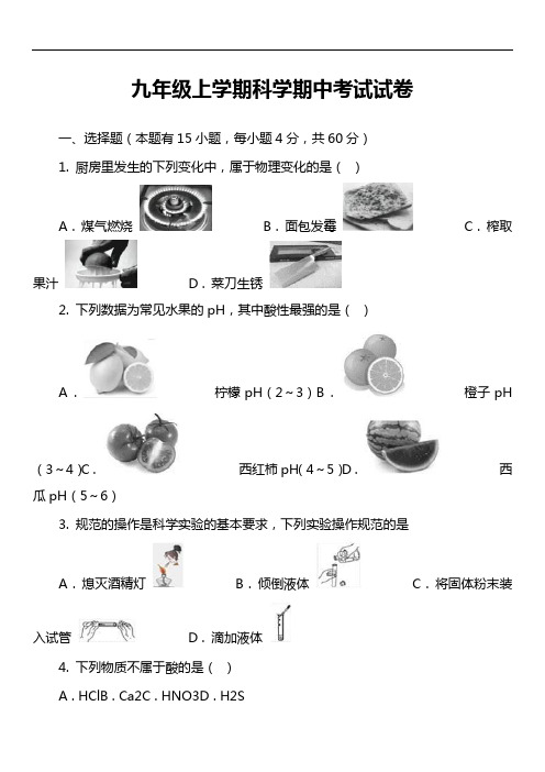 九年级上学期科学期中考试试卷_1