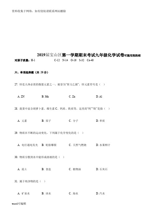 上海市2019届宝山区初三第一学期化学一模试卷及答案教学提纲