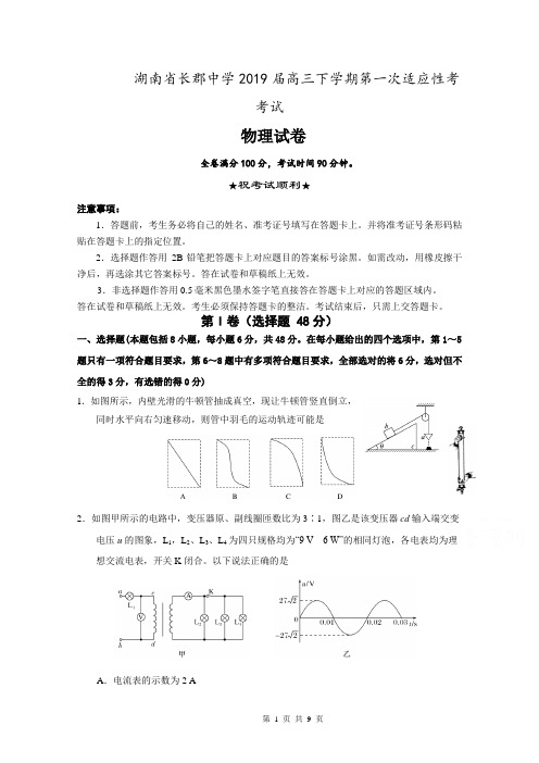 湖南省长郡中学2019届高三下学期第一次适应性考考试 物理含答案