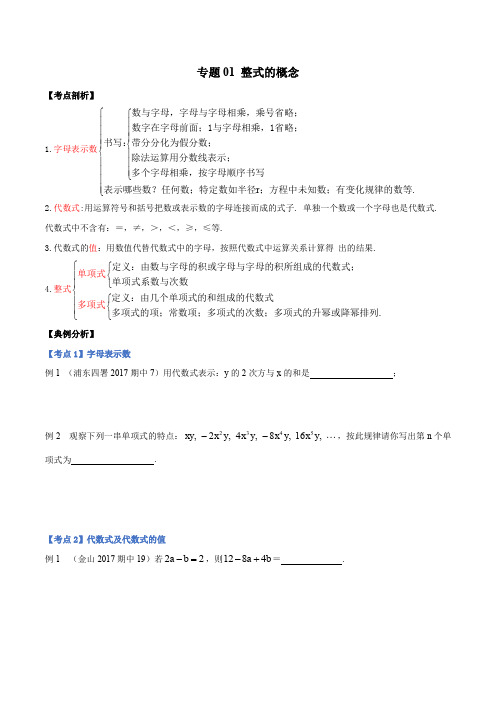 专题01 整式的概念(考点讲解)-2019-2020学年上海七年级数学上册期末专题复习(学生版)
