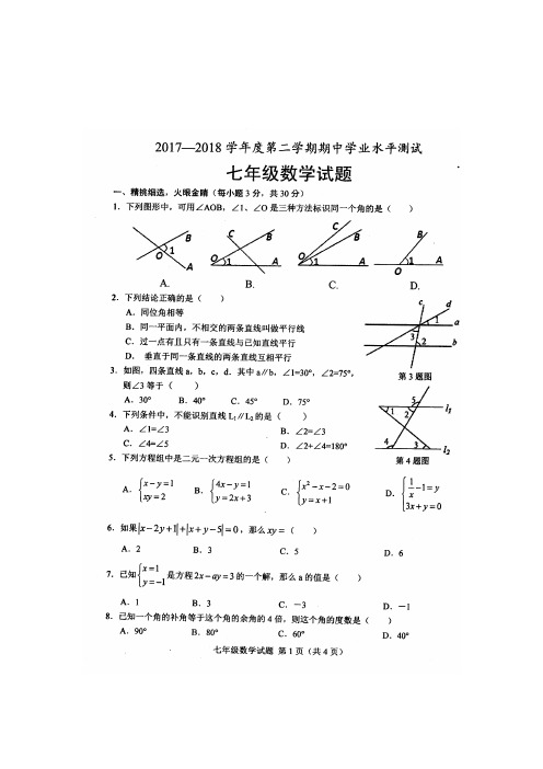 山东定陶2017-2018第二学期期中七年级 数学试题