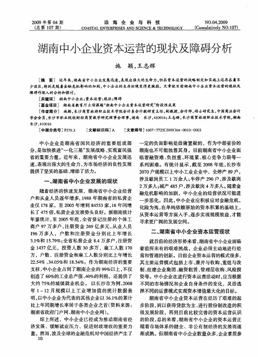 湖南中小企业资本运营的现状及障碍分析