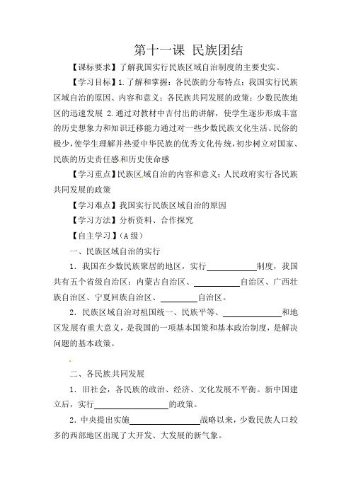 人教初中历史八下《11 民族团结》word教案 (1)
