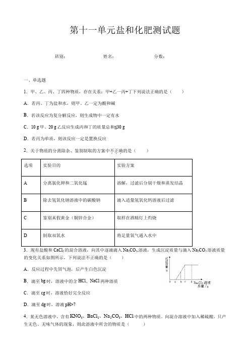 2020年春九年级下册人教版化学第十一单元盐和化肥测试试题(含答案)
