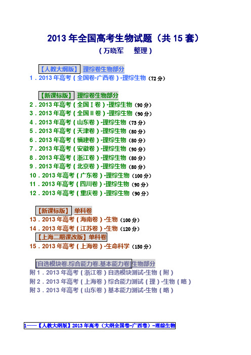 ●2013年全国高考生物试题--理综12套.单科3套(共15套生物)(万晓军整理)