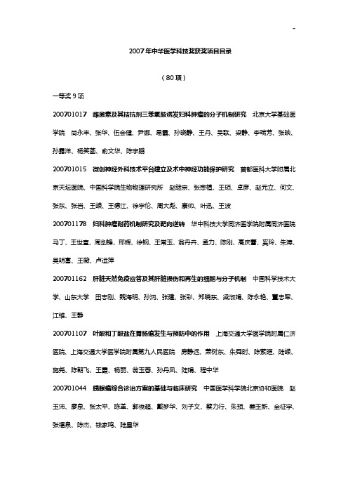 2007年中华医学科技奖获奖项目开发名目