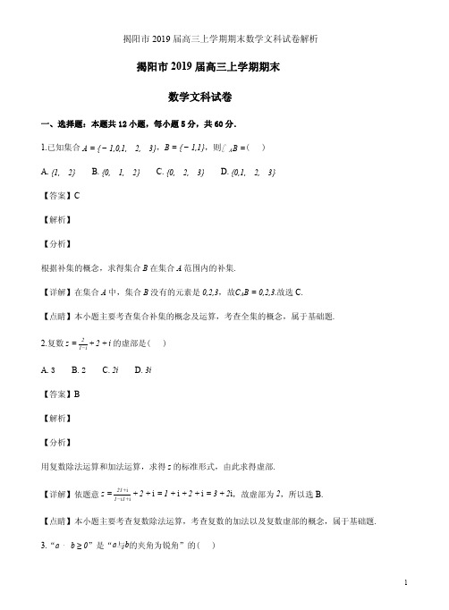 揭阳市2019届高三上学期期末数学文科试卷解析